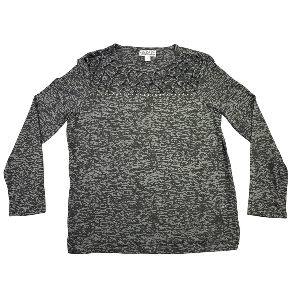 Pink Cattlelac Women's Size M Long Sleeve Textured‎ Top Rhinestone Detail Gray